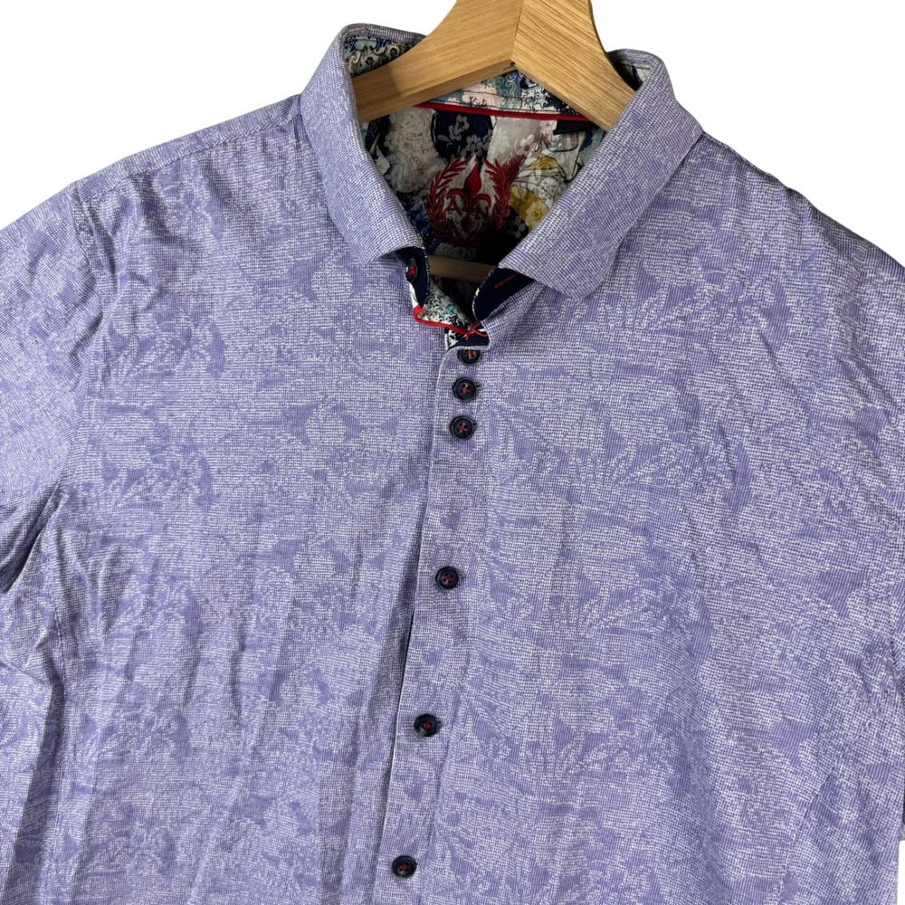 Au Noir Mens Purple Floral Jacquard Mercerized Cotton Short Sleeve Shirt Size M